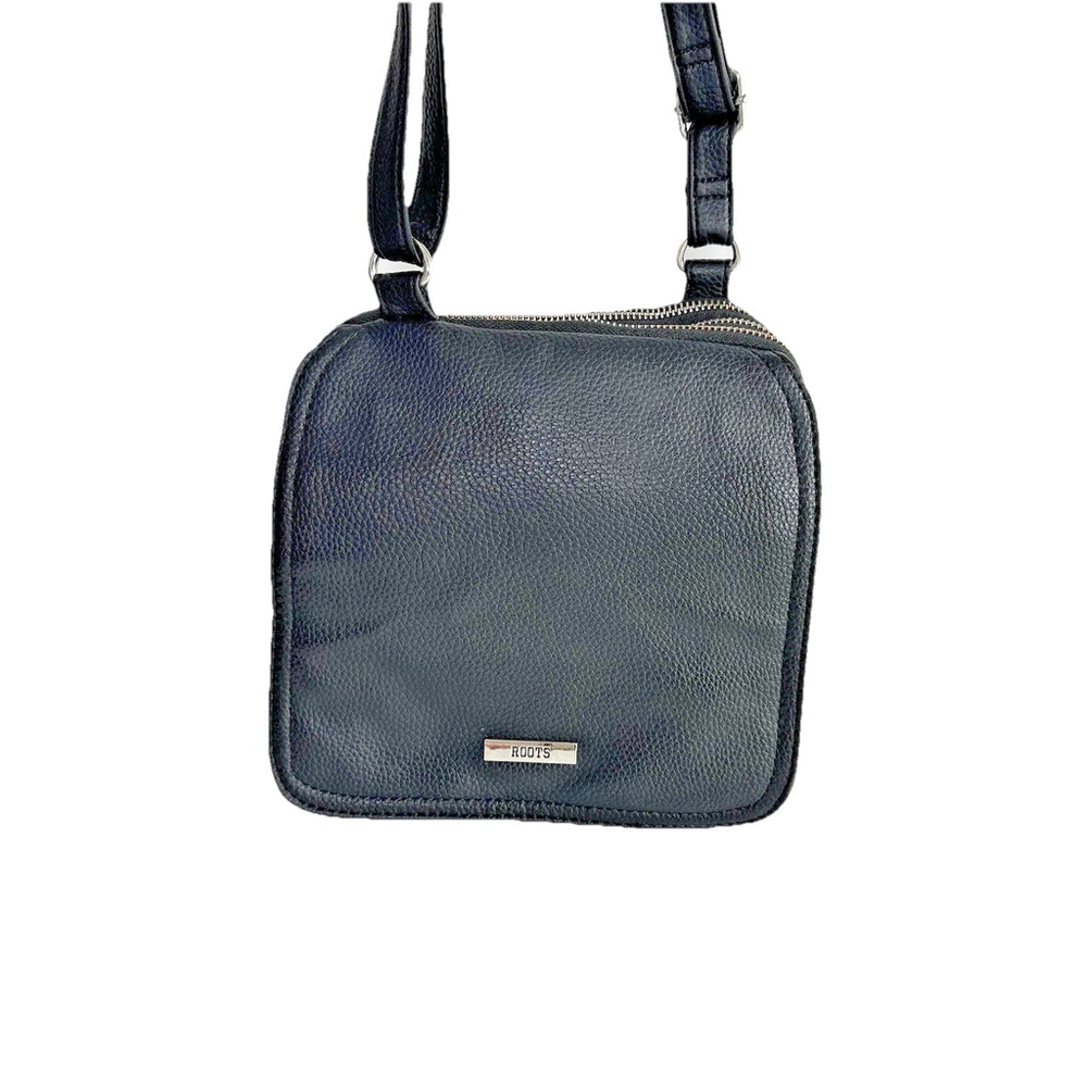 Roots Vegan Leather Black Triple Zip Compartment Crossbody Bag Purse Organizer